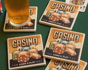 Vintage Casino Coasters: Decoupage Ceramic Tile Coaster Set
