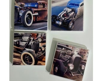 Hot Rod Car Coasters: Epoxy Resin Ceramic Tile, Set of 4