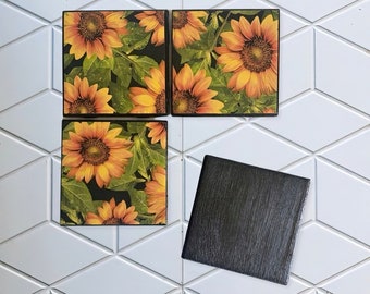 Sunflower Coaster Set: Decoupage Tile Coasters, Epoxy Resin Sealed