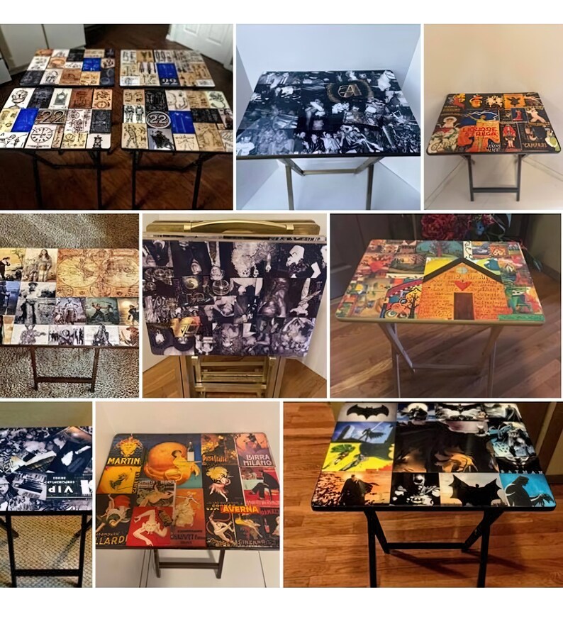 May include: A collection of ten folding tables with various colorful and patterned tabletops. The tabletops feature a variety of images, including vintage advertisements, maps, and comic book characters. The tables are all made of wood and have black metal legs.