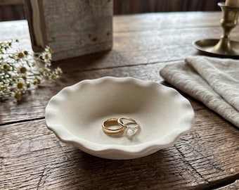 Handmade Ceramic Ring Dish, Ruffled White Clay Trinket Bowl, Italian Pottery Jewelry Holder