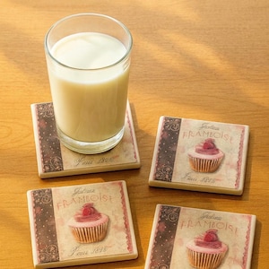 Cupcake Coasters: Pink Raspberry Cream Decoupage, Set of 4