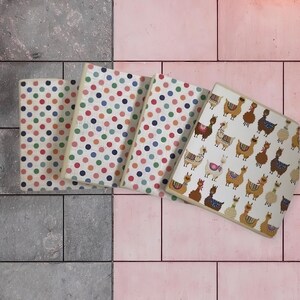 May include: Four coasters with different designs. Two coasters feature a polka dot pattern in shades of blue, green, orange, and white. One coaster features a white background with a repeating pattern of llamas in various colours. The final coaster features a white background with a repeating pattern of llamas in shades of pink, blue, and green.