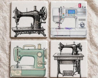 Sewing Machine Coaster Set of 4 | Vintage Sewing Room Decor | Ceramic Tile Coasters | Quilter Gift | Sewing Lover Gift | Craft Room Decor