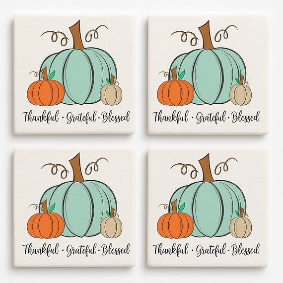 Set Di 4 Sottobicchieri Autunnali In Ceramica A Forma Di Zucca Con Fiocco E Foglie D'Acero, Assorbenti Con Base In Sughero - 4