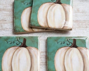 White Pumpkin coasters set of 4 | Fall ceramic coasters | Farmhouse autumn decor | Teal pumpkin coasters | Thanksgiving Hostess gift