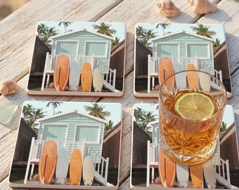 Küsten Surfbrett Keramikuntersetzer-Set, Teal Strandhüttendekor, handgemachte Fliesenuntersetzer, tropisches Strandhausgeschenk, 4er-Set
