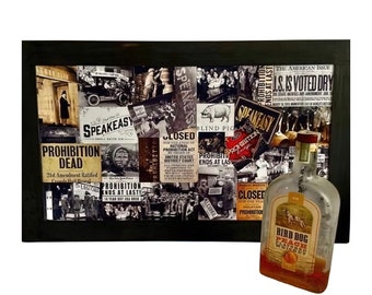 May include: A framed collage of vintage newspaper clippings and photographs depicting the American Prohibition era. The collage features headlines like "Prohibition Dead" and "Speakeasy" and images of people celebrating the end of Prohibition. A bottle of Bird Dog Peach Whiskey is in the foreground.