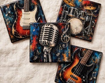 Vintage Music Coasters Set of 4 | Rock Band Coasters | Guitar Bass Drum Microphone Drink Coasters | Music Lover Gift for Him