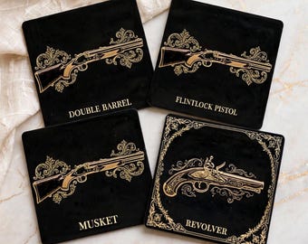 Vintage Gun Coasters Set of 4, Black and Gold Bar Coasters, Antique Firearm Whiskey Decor, Bourbon Gifts for Men, Man Cave Home Bar Gift