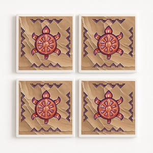 Sea Turtle Coasters: Aztec Tile, Epoxy Resin Coated (Set of 4)