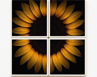 Sunflower Ceramic Tile Coasters: Epoxy Resin Art, Set of 4