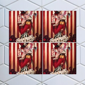steampunk decor | sci fi coasters, steampunk girl, steampunk coasters, steampunk circus, red and white striped art, freak show decor