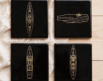 Set of 4 Battleship Coasters | Black Gold Naval Ship Blueprint Coasters  | Aircraft Carrier Coaster Set | Military Gift for Him  | Navy Vet