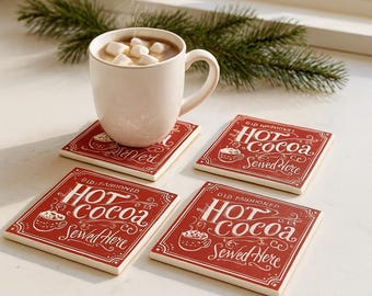 Hand Painted Christmas Coasters: Hot Cocoa Bar Decor, Set of 4