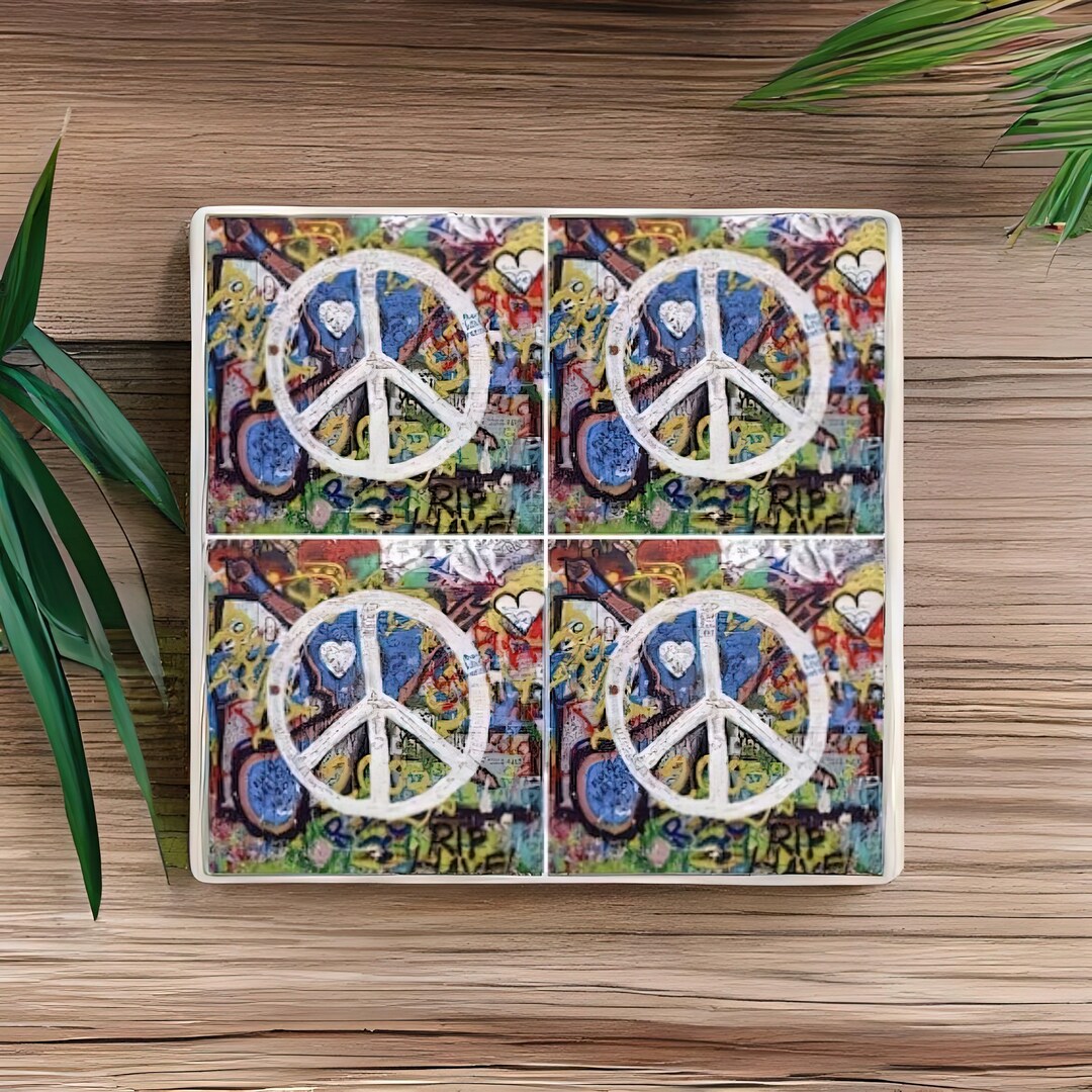 Graffiti Peace Sign Coaster Peace Sign Decor, Hippie Decor, Peace Sign