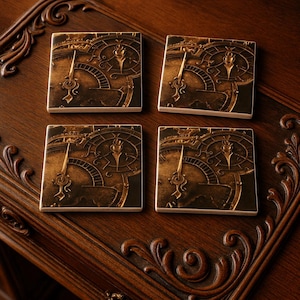 Steampunk Clock Coasters: Resin Sealed Ceramic Tile, Set of 4