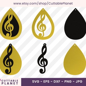 Pendientes de clave de agudos plantilla svg, dxf, eps, png, jpg, notas musicales pendientes plantilla, pendientes de cuero falso svg, corte láser svg