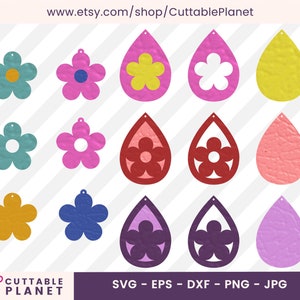 Plantillas de pendientes de flores svg, dxf, eps, png, jpg, plantilla de pendientes de piel sintética, plantilla de pendientes láser cortados