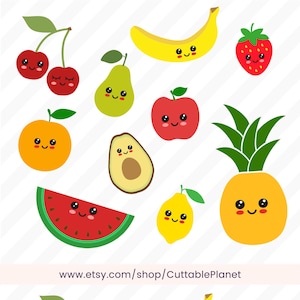 Fruits bundle svg, dxf, eps, png, jpg, kawaii lemon svg, cerises, banane, fraise, poire, pomme, orange, avocat, p ineapple, pastèque