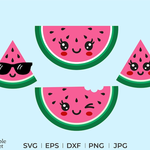 Cute watermelon svg, dxf, eps, png, jpg, kawaii watermelon svg, instant download, sunglasses watermelon svg, slice watermelon svg,