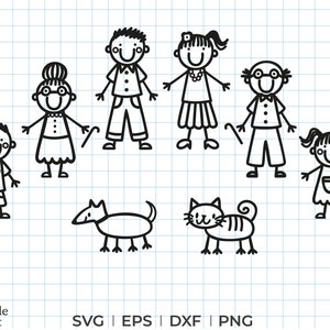 Familie stok figuur SVG, DXF, EPS, PNG, stok figuur familie SVG, stok figuur familie van 6 met een hond en kat, stok familie bundel