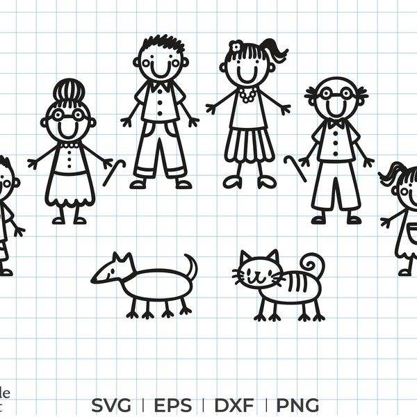 Family stick figure svg, dxf, eps, png, stick figure family svg, stick figure family of 6 with a dog and cat, stick family bundle