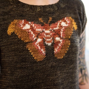May include: A dark green crochet top with a colorful butterfly design embroidered on the front.