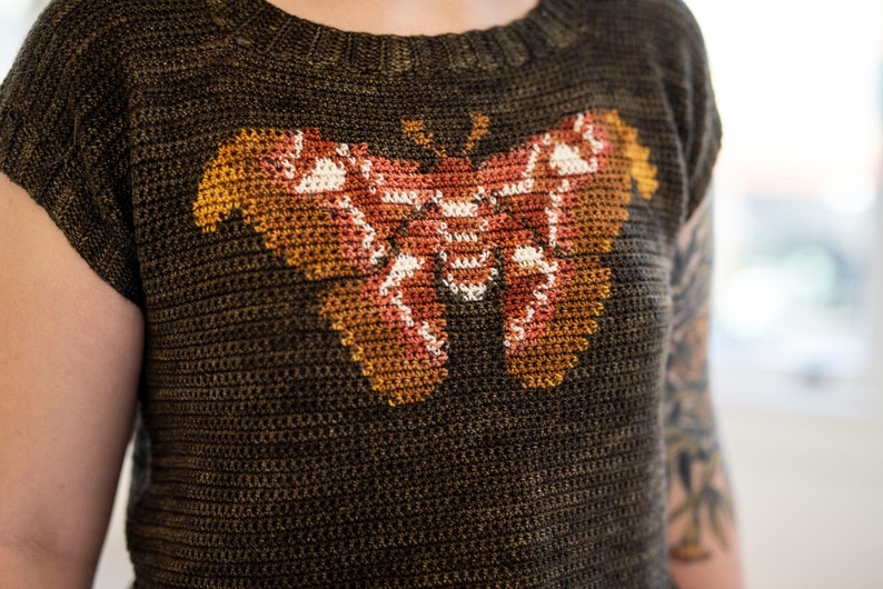 May include: A dark green crochet top with a colorful butterfly design embroidered on the front.