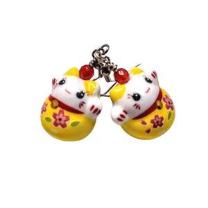 kawaii kat oorbellen gele maneki neko bungel oorbellen gele lucky cat edelsteen bengelen oorbellen gele schattige kat edelsteen druppel oorbellen
