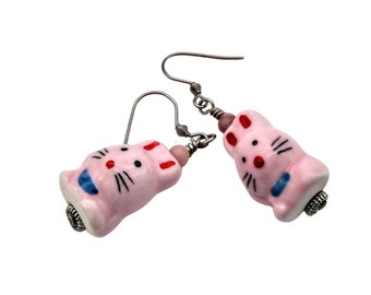 Boucles d'oreilles lapin rose kawaii, boucles d'oreilles pendantes lapin en porcelaine