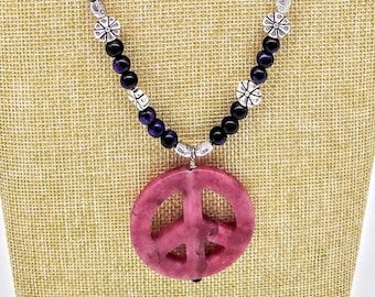 peace sign pendant necklace | strawberry jasper peace sign necklace | colorful gemstone pendant necklace | peace pendant necklace