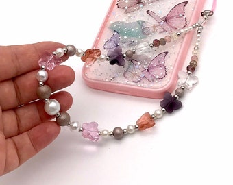 Ciondolo Per Cellulare Con Perle Di Cristallo E Farfalla: Laccetto Da Polso Antismarrimento, Fatto A Mano, Per Ragazze (3 Colori) - 2