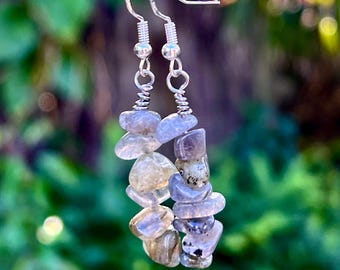 Labradorite Dangle Earrings | Handmade Natural Stone Bead Drop Earrings | Healing Gemstone Yoga Jewelry | Earthy Colors Gradient Earrings