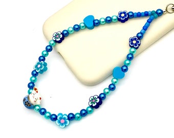 Customizable Y2K Phone Charm Strap: Kawaii Cat, Heart, Beaded Wristlet