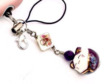 Kawaii Maneki Neko Phone Charm: Purple Lucky Cat, Gemstone Bead