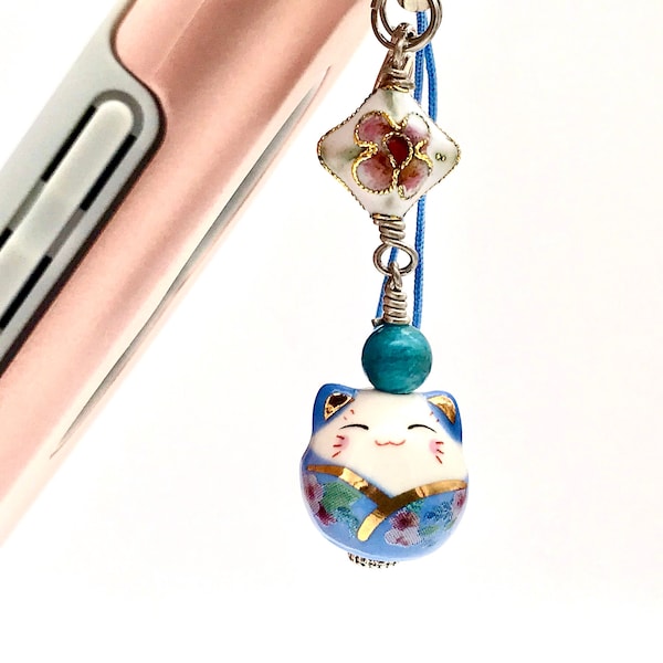 personalizable kawaii gato teléfono encanto azul maneki neko teléfono encanto afortunado gato teléfono enchufe lindo gato correa de teléfono fortuna dinero japonés gato kimono