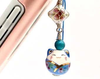 Customizable Maneki Neko Phone Charm: Lucky Cat, Apatite Bead - Etsy