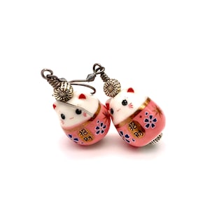 kawaii cat earrings pink maneki neko porcelain dangle earrings lucky cat ceramic earrings anime cat earrings kawaii cat sakura blossom charm