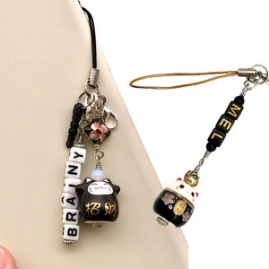 custom name charm kawaii cat phone charm black maneki neko phone charm black lucky cat phone plug cute cat phone charm Japan phone charm