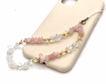 crystal phone charm rose quartz phone chain white pink gemstone phone strap bead phone accessory bead key charm opalite phone case string