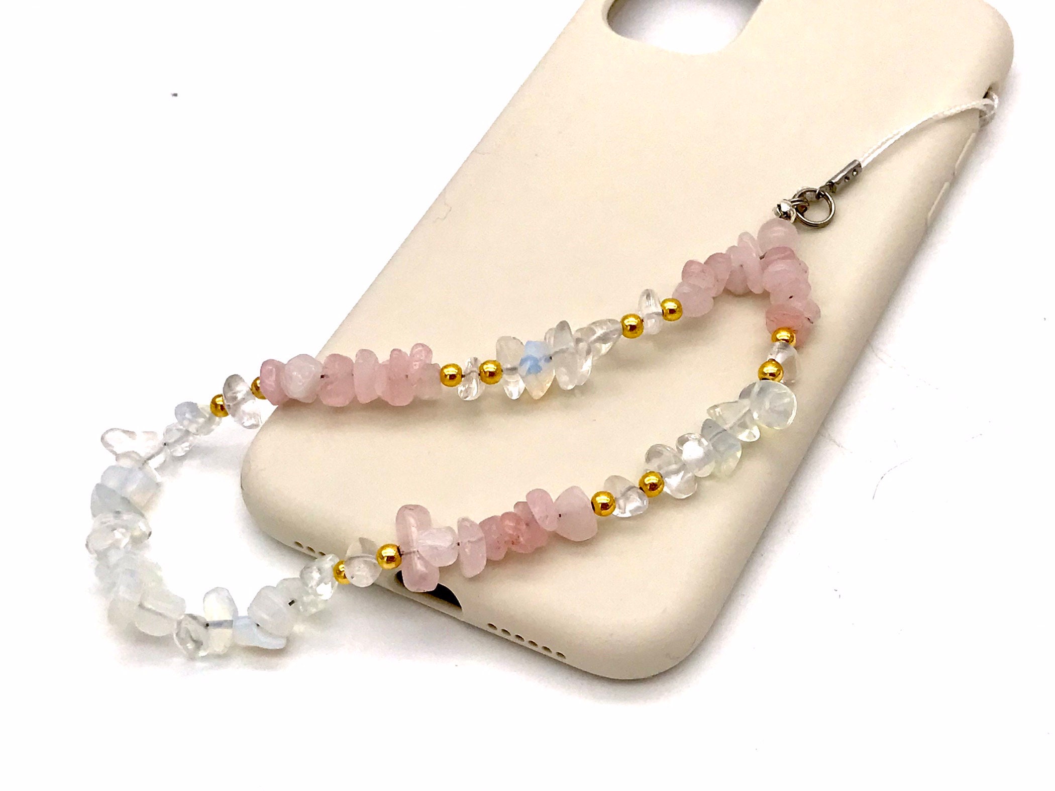 Crystal Phone Charm Rose Quartz Phone Chain White Pink Gemstone