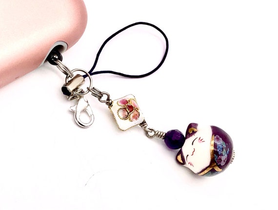 Kawaii Cat Phone Charm Purple Maneki Neko Phone Charm Purple