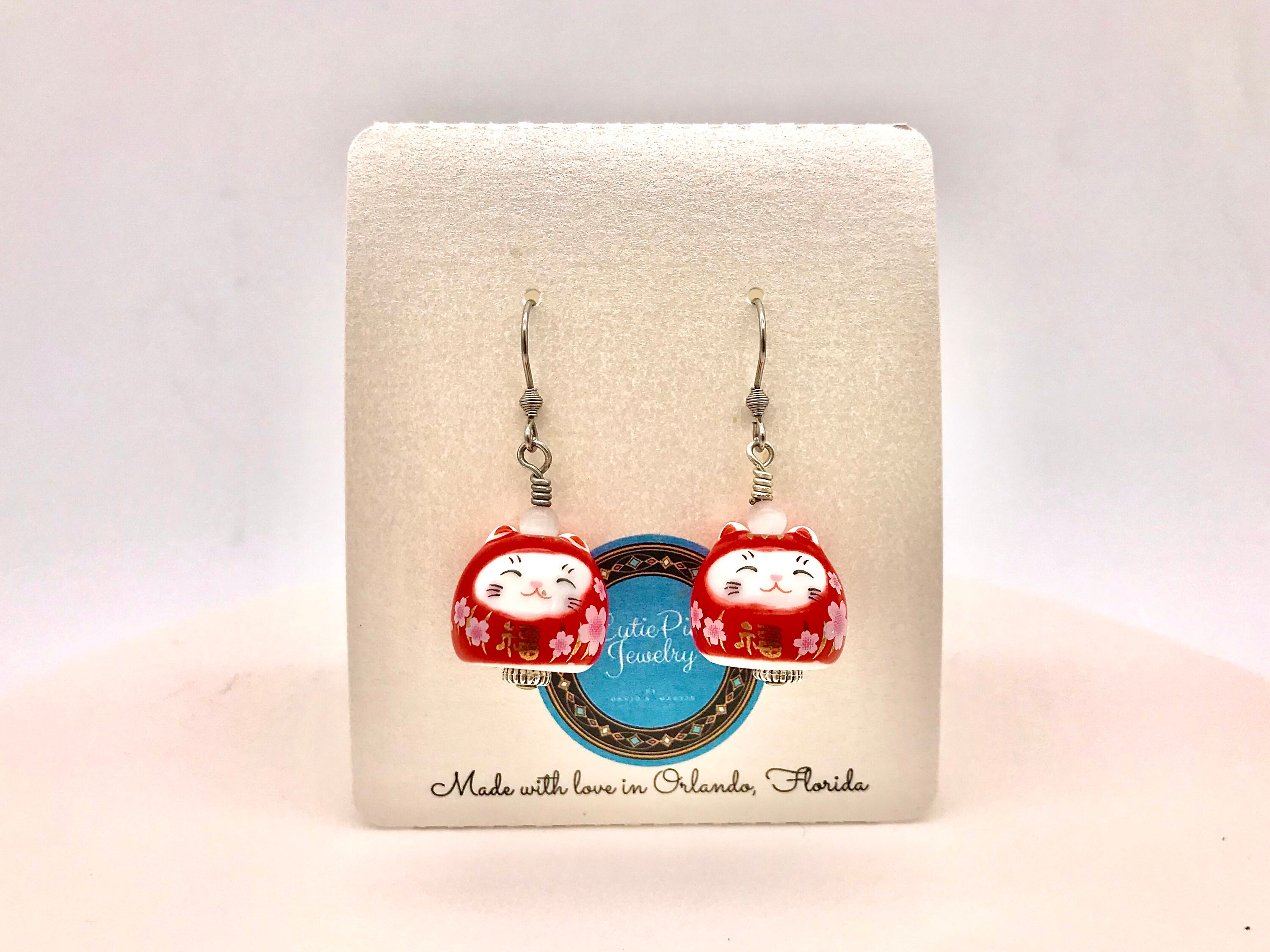 Kawaii Cat Earrings Red Maneki Neko Porcelain Dangle Earrings - Etsy