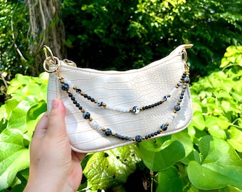 Dao Bag Charm | Black White Beaded Purse Accessory | Healing Crystal Tote Charm | Snowflake Obsidian Bead Bag Jewelry | Gradient Purse Chain