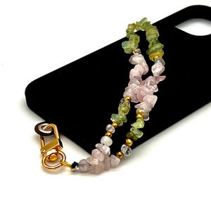 Pingente para celular em cristal de quartzo rosa - Alça em pedra preciosa prehnita verde
