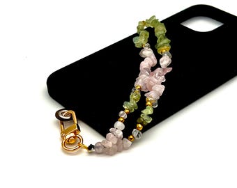 Rose Quartz Crystal Phone Charm - Green Prehnite Gemstone Strap