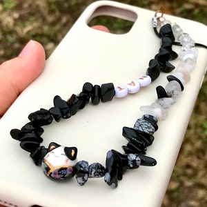 Lucky Cat phone strap obsidian healing crystals phone strap gemstone phone charm ombré black white gradient beaded phone strap phone chain