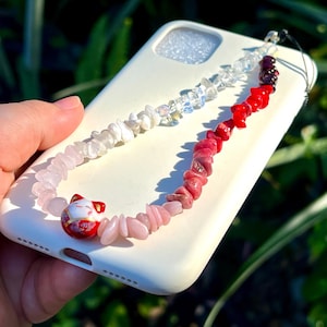 Lucky Cat Phone Strap | Coral Healing Crystals Phone Wristlet | Yoga Gemstone Phone String |Ombré Red Pink White Gradient Beaded Phone Chain