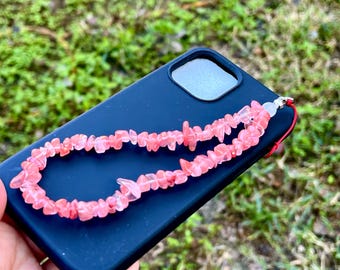 Abalorio para teléfono de cuarzo cereza, pulsera con cuentas de cristal rosa y cordón con piedras preciosas.